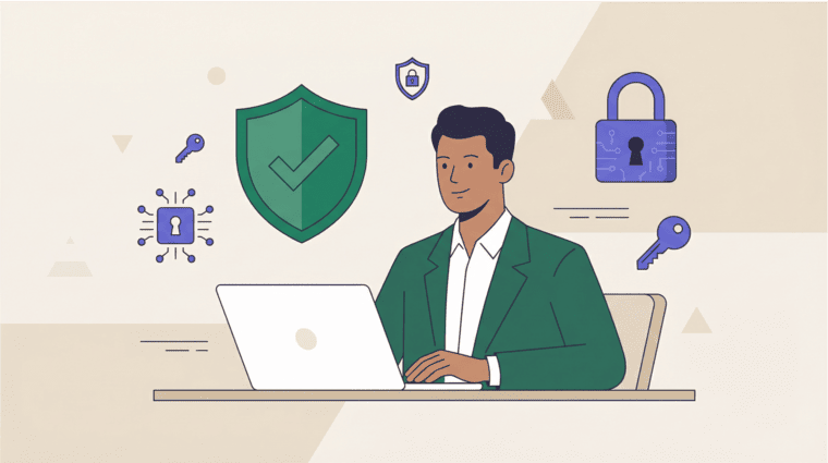 Illustration of a person using a secure platform with shield and lock icons